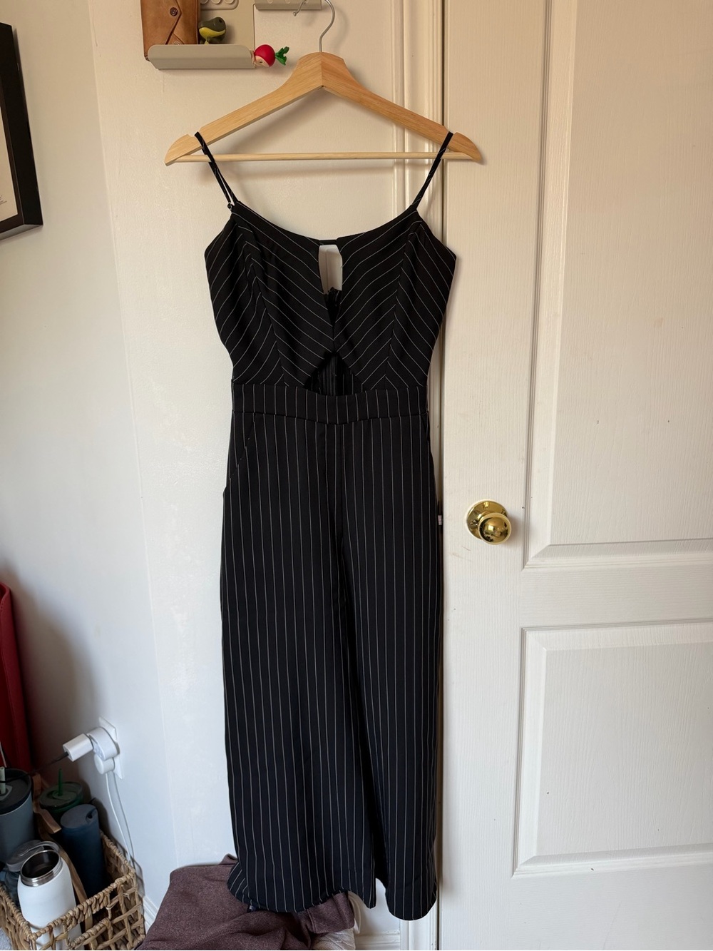 Women’s Black Pinstripe Sleeveless Jumpsuit
